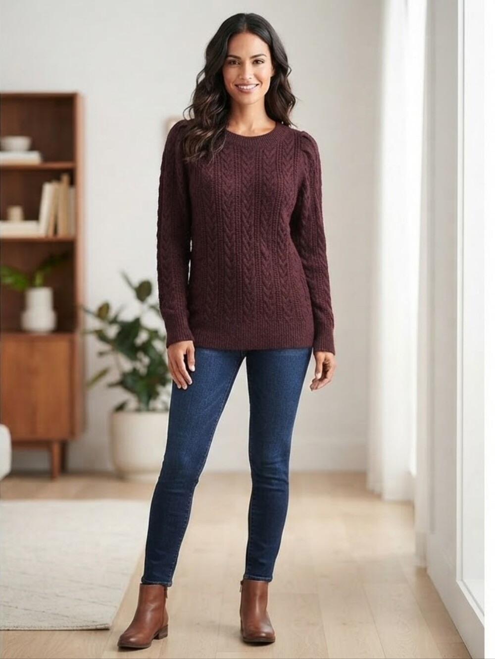 NWT RW&CO. Burgundy Cable Knit Crew Neck Sweater